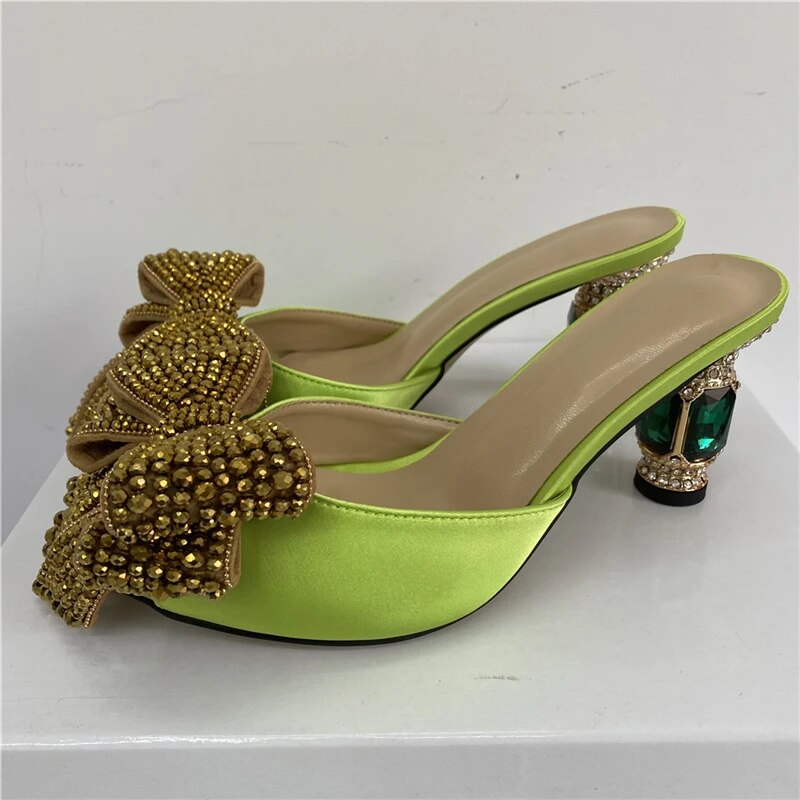 VCSHOES Beaded Diamond Butterfly-Knot Mules For Girls Jeweled Rhinestone High Heel Satin Slingbacks Sandals Women
