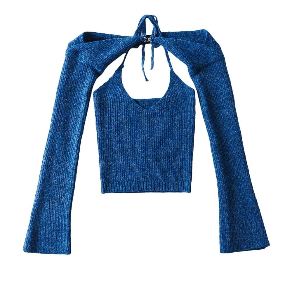 2022 Women Y2K Knitted Halter Cami Tops And Flare Sleeve Shrug Set Blue Sweater Set Shawl Stacked 2 Piece Set Long Sleeve