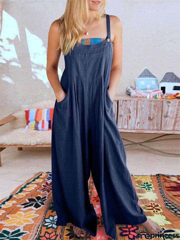 Summer Female Plus Size Solid Color Suspender Jumpsuits with Pockets