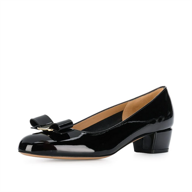 Custom Made Black Patent Leather Low Heel Pumps with Bow |FSJ Shoes
