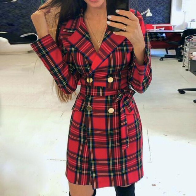 Ladies Plaid Tie Long Sleeve Blazer Dress