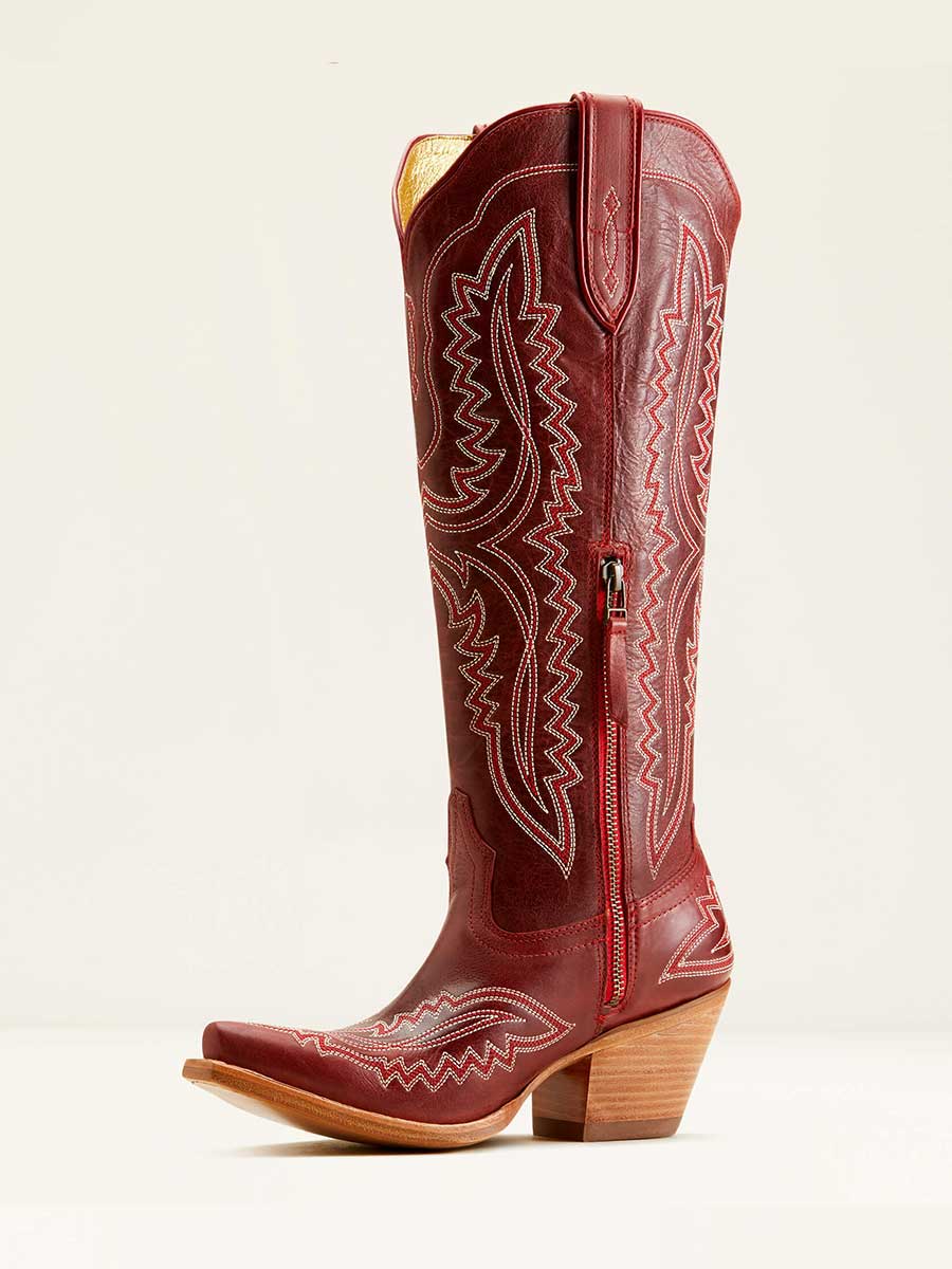 Red Vegan Leather Knee High Boots with Side Zipper and Elegant Eagle Embroidery