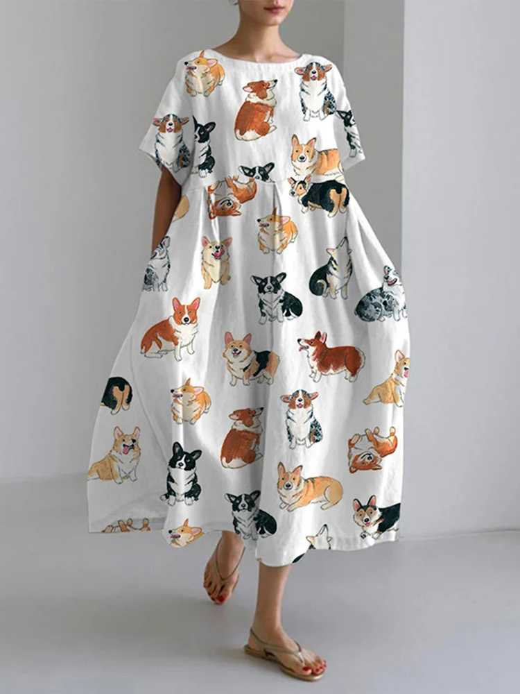 Corgi Pink Pastel Pattern Print Dress