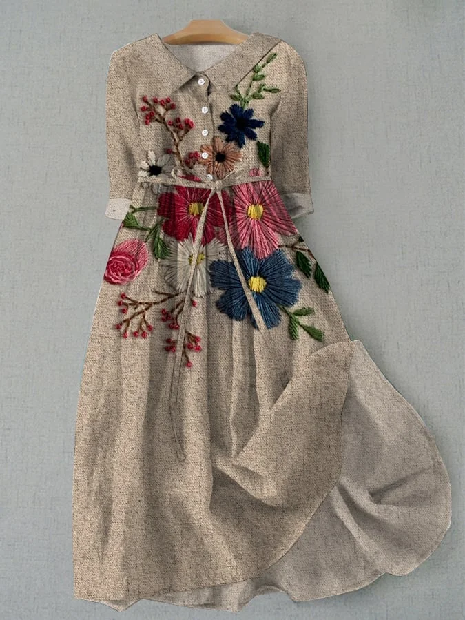 Women's Vintage Botanical Floral Design Lace Up Pocket Dress
