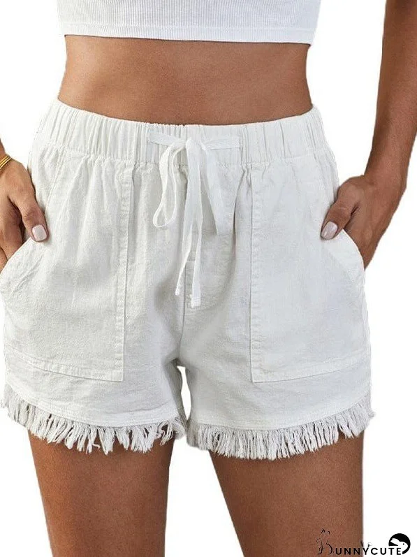 Women'S High Waist Denim Shorts With Elastic Waistband And Fringed Details