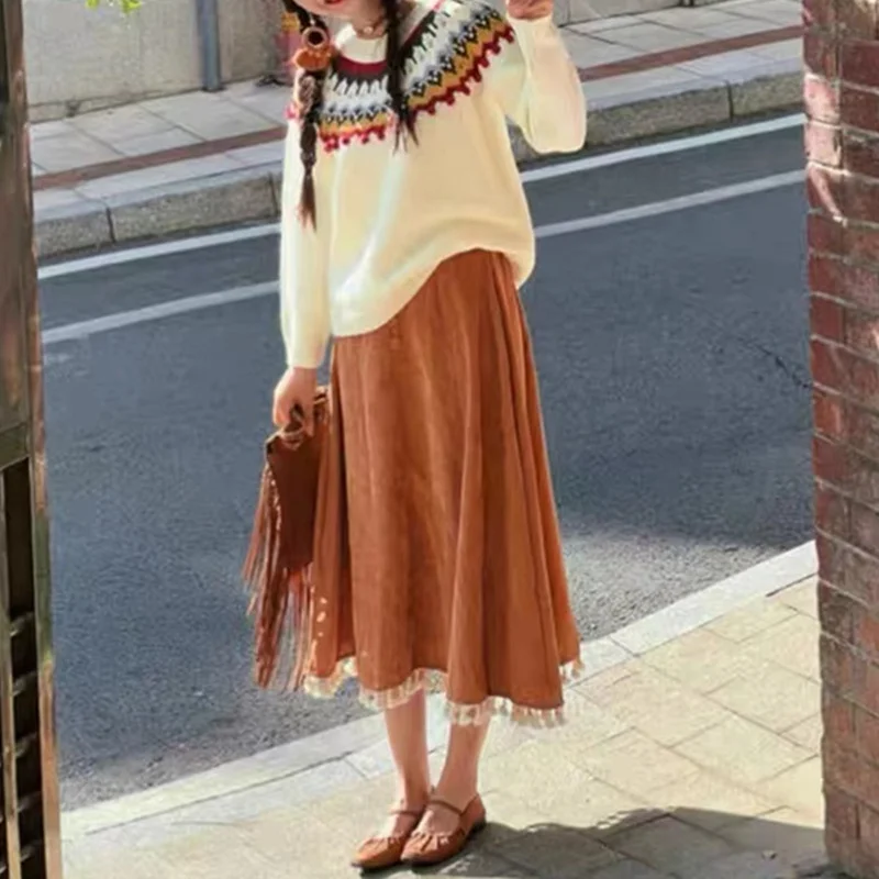 Churchf Churchf National Style Jacquard Small Red Sweater Design Sense Contrast Color Thick Sweater Autumn Winter New Foreign Style Jacket