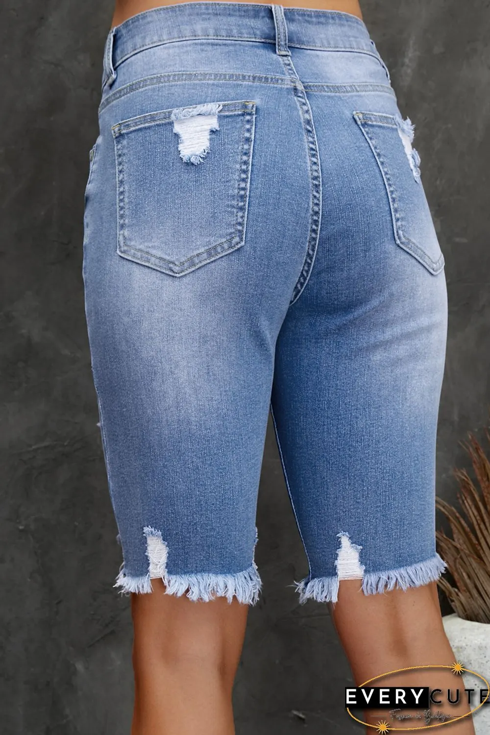 Sky Blue Ripped Tassel Bermuda Jean Shorts