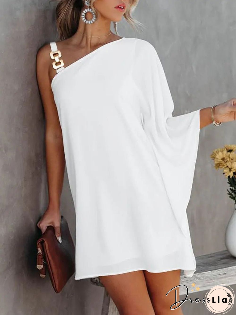 Women'S Dresses Solid Metal Strap Off-Shoulder Doll Sleeve Dress