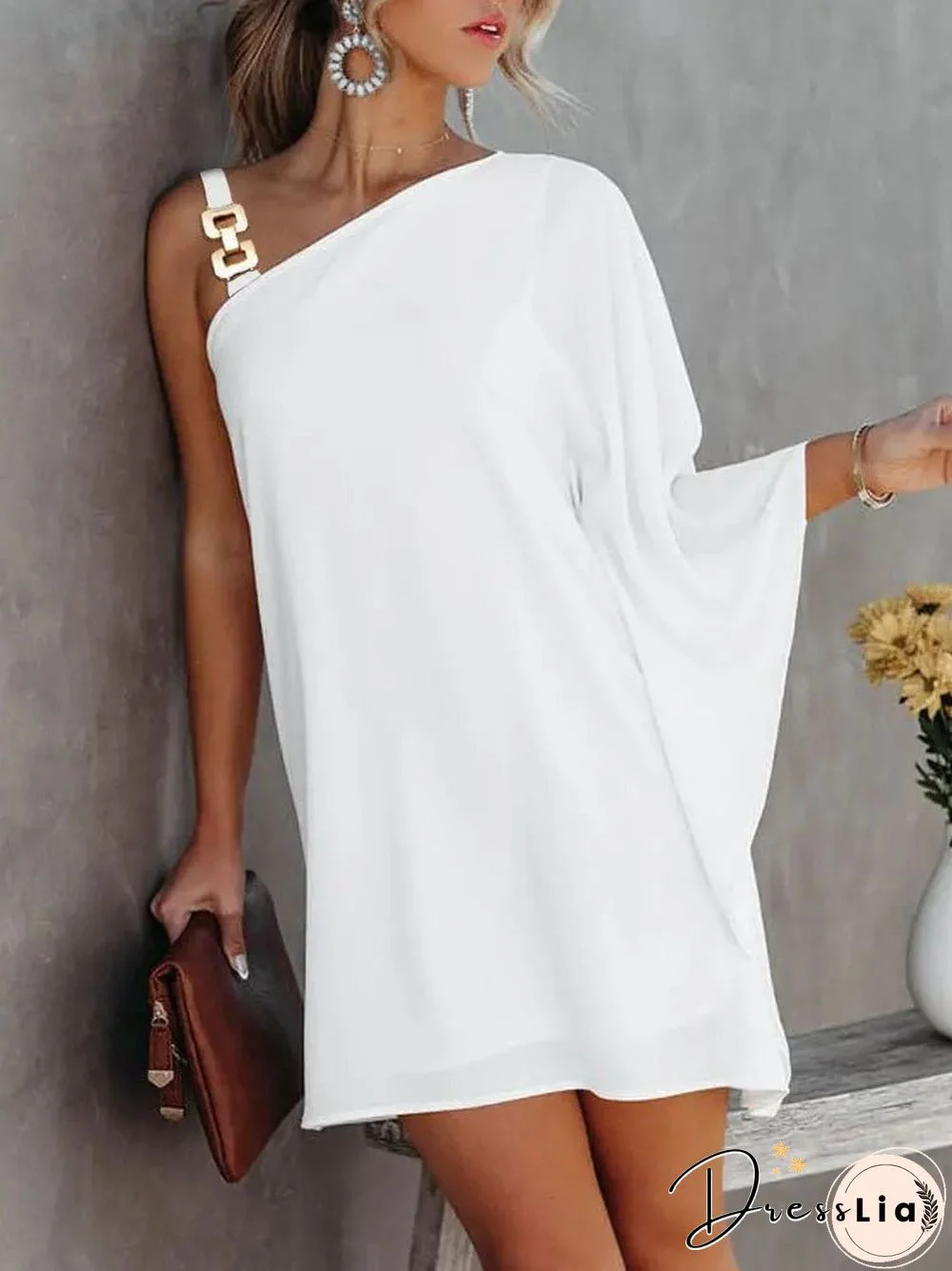 Women'S Dresses Solid Metal Strap Off-Shoulder Doll Sleeve Dress