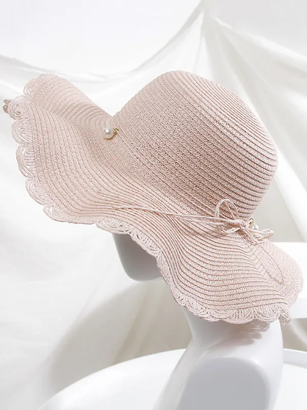 Wavy Edge Straw Woven Breathable Beaded Decorated Hat
