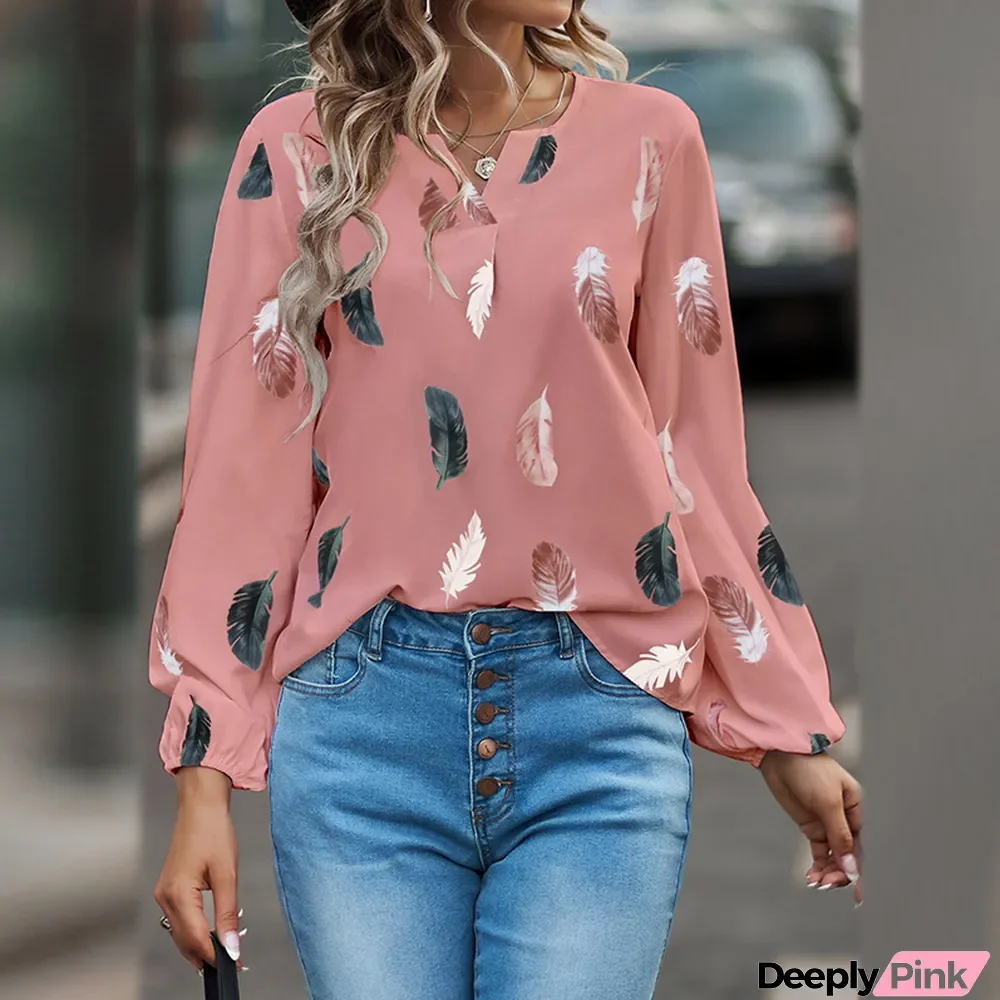 Women V-Neck Feather Print Long Sleeve Loose Shirt