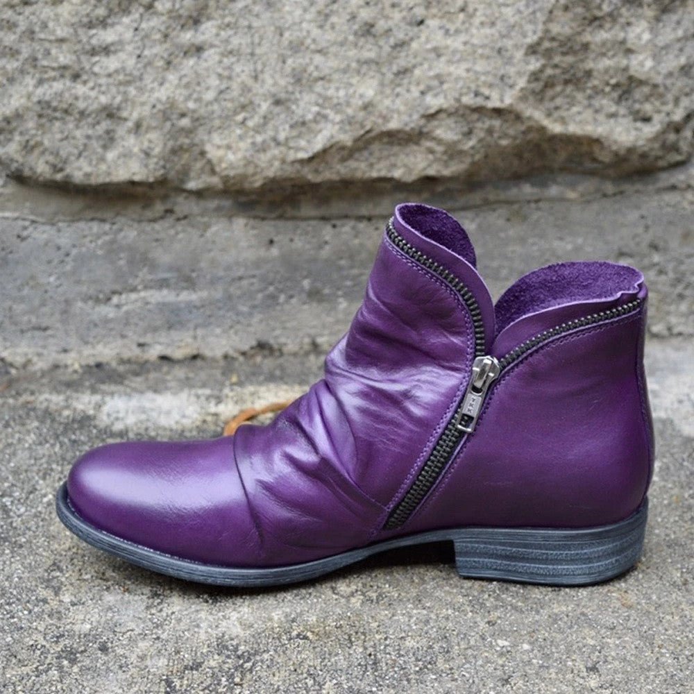 Women Round Toe Rubber Leather Side Zipper Martin Boots