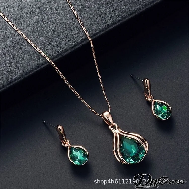 Fashion Women Blue Green Drop-Shaped Rhinestone Necklace Earrings Set