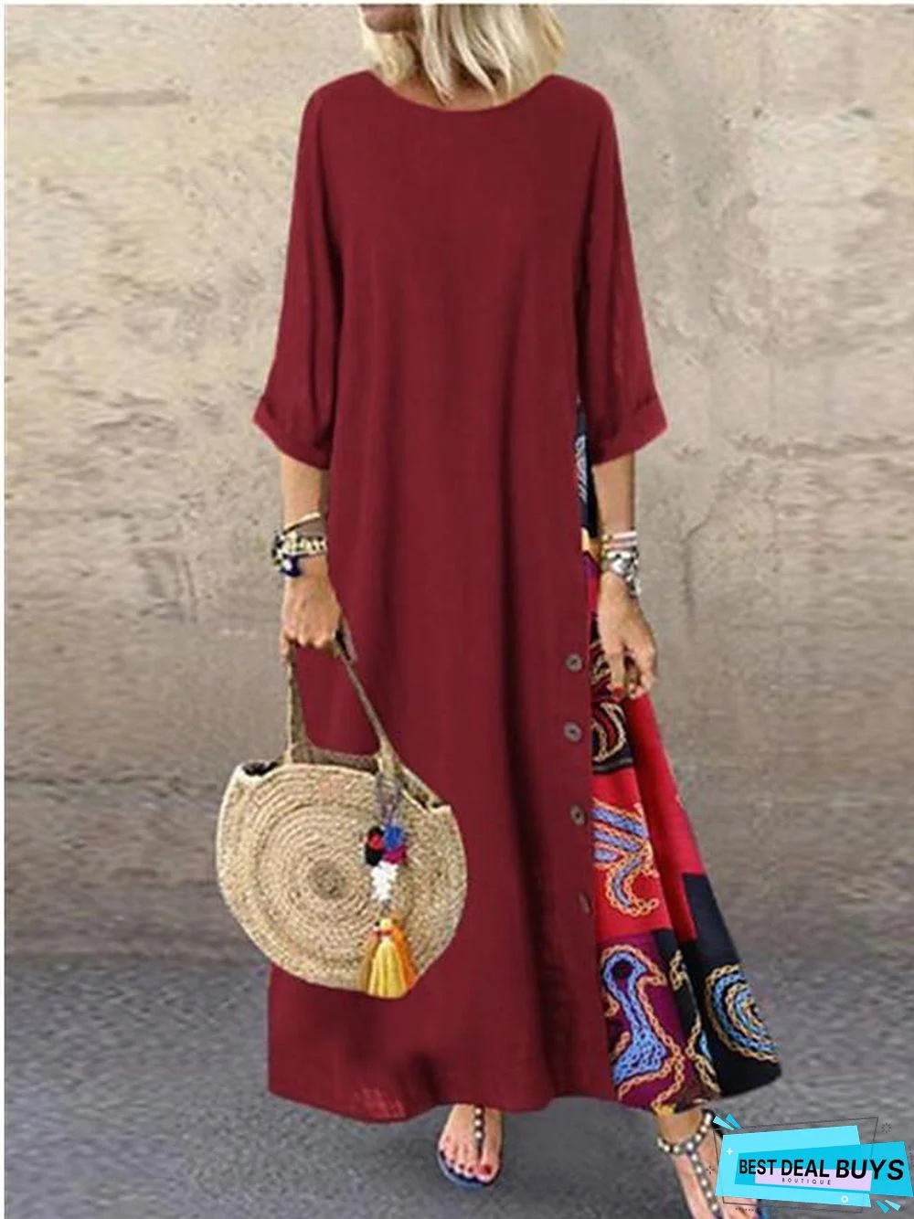 Women's Swing Dress Maxi Long Dress - 3/4 Length Sleeve Print Spring & Summer Hot Casual Holiday Vacation Dresses Loose Red Yellow Wine Army Green Navy Blue Gray L