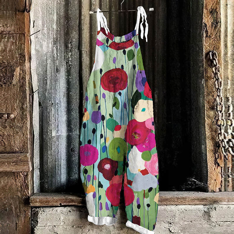 Vintage Colorful Floral Art Linen Blend Loose Casual Jumpsuit