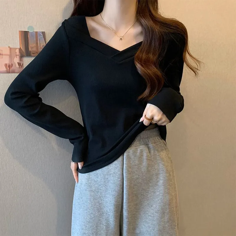Brownm Brownm New Fall Of 2024 Wears A V-Neck Bottom Shirt With A Female Design Long-Sleeve T-Shirt Students Slim German Velvet Jacket