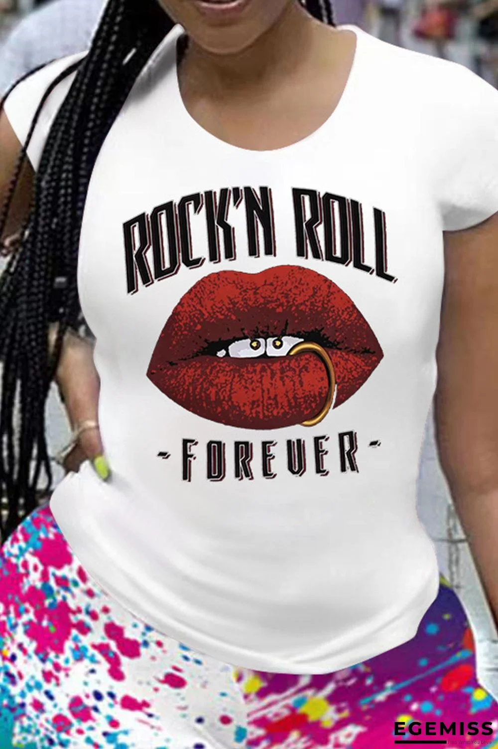 White Fashion Casual Letter Lips Printed Basic O Neck T-Shirts | EGEMISS