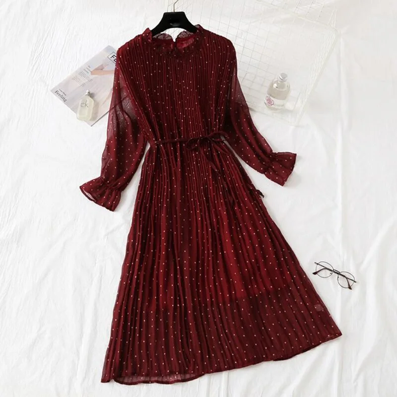 2020 Elegant Women Print Chiffon Dress Long sleeve Lotus leaf collar Pleated Dress Female Casual Midi Dresses vestidos mujer