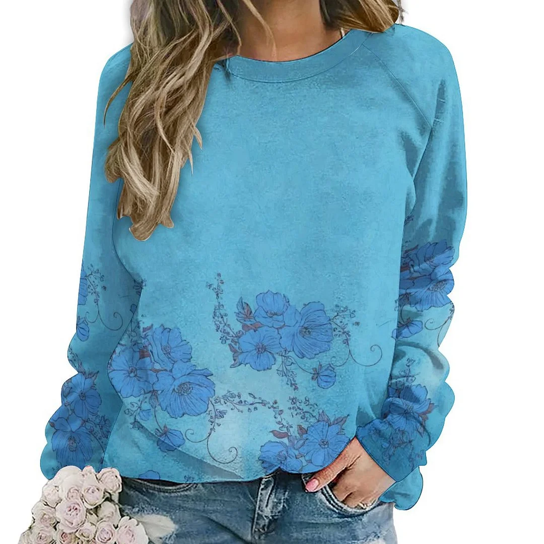 Printed Long Sleeve Casual Sweatshirt for  Women and Men Unisex Pattern Floral, Blue