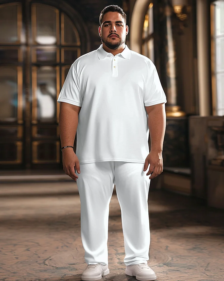 Men's Plus Size Pure White Polo Shirt Trousers Suit