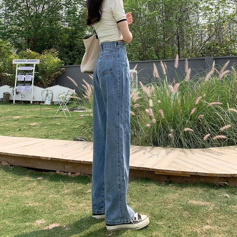 Jeans Women High Waist Wide Leg Vintage Korean Harajuku Style All-match Denim Clothing Chic Leisure Pockets Zipper Simple Solid