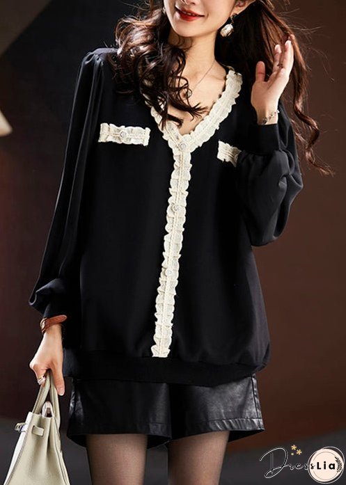 Italian Black V Neck Lace Patchwork Chiffon Tops Spring