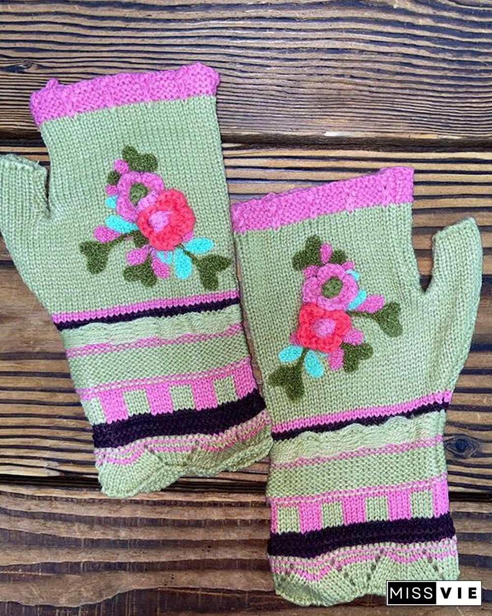 Casual Flower Decor Knitted Gloves Handwarmers