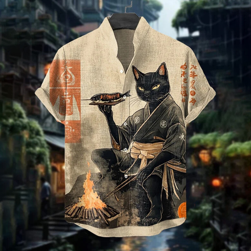 Men's Kimono Black Cat Grilled Fish Art Print Casual Shirt  artssus