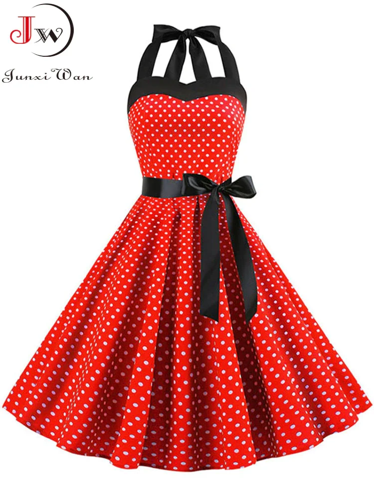 Uaang Polka Dot Halter Vintage Dress 50s 60s Gothic Pin Up Rockabilly Dress Robe Femme Sexy Retro Party Dress