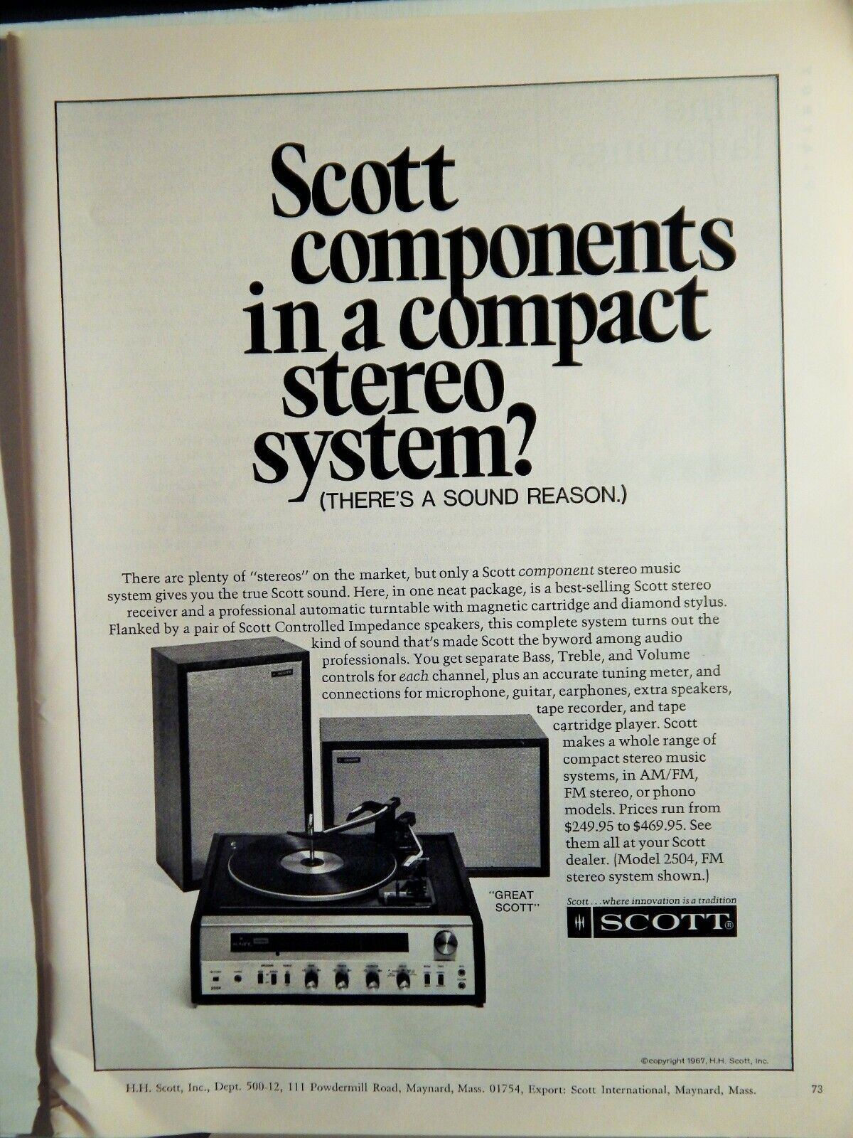 SCOTT COMPACT STEREO SYSTEM / HEATHKIT / PLAYBOY ORIG. VTG 1967 Photo Poster painting AD,