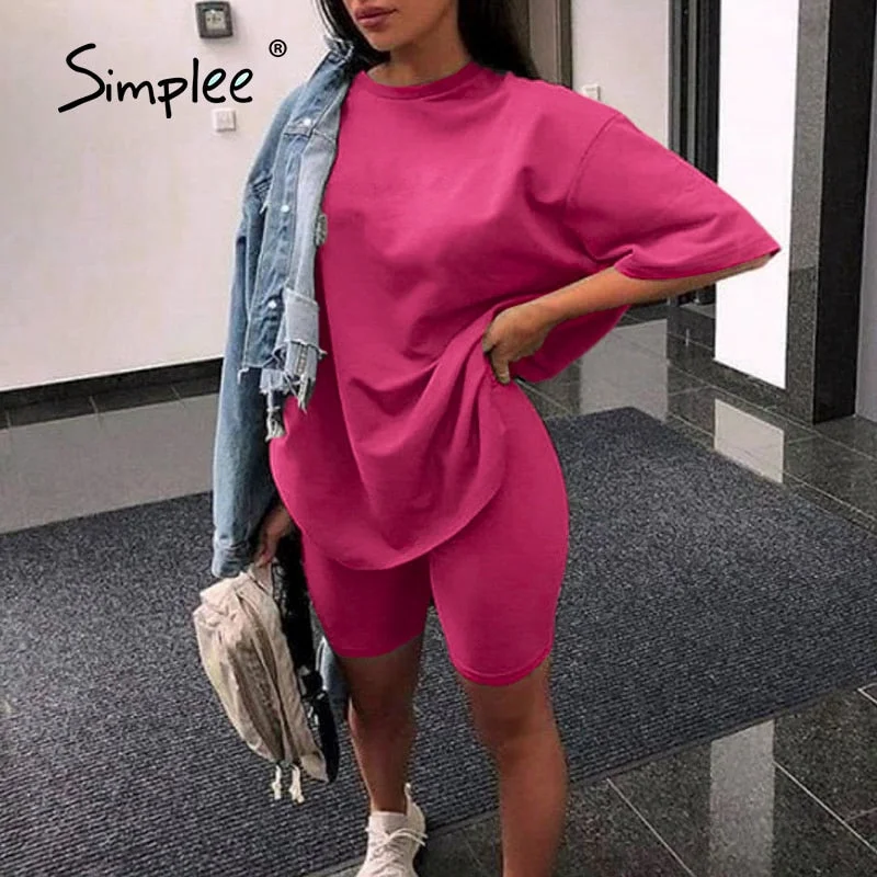 Simplee Casual Solid Outfits Women's Two Piece Suit with Belt Home Loose Sports Tracksuits Fashion Bicycle Summer Hot Suit 2020