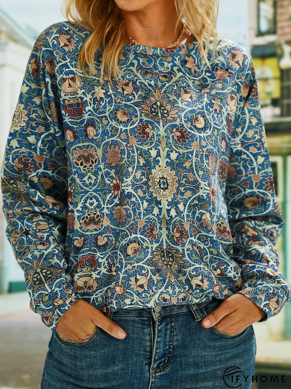 Casual Long Sleeve Crew Neck Ethnic Loose Sweatshirt | IFYHOME