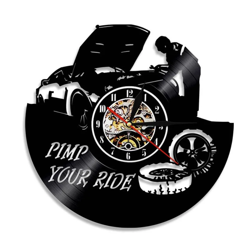 Auto Repair Shop Wall Clock Modern Design Car Mechanic Service Vinyl Record Clocks with 7 Colors LED Wall Watch Home Decor