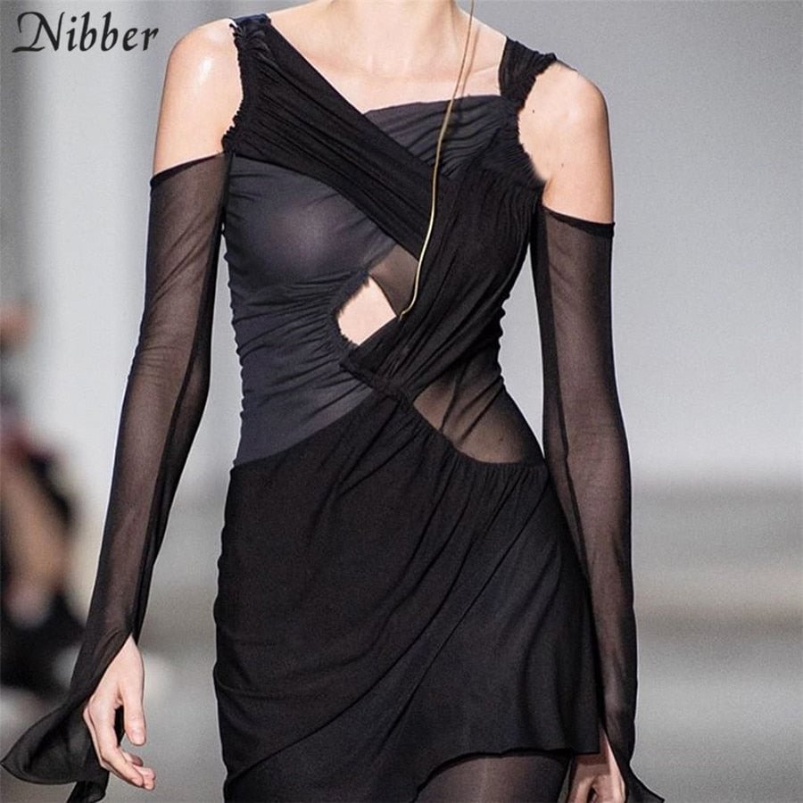 Nibber Fall Stacked Cut Out Hole Cotton Mini Dress Woman Chic Bare Shoulders Slim Strewear Gothic Casual Femme Patchwork Clothes