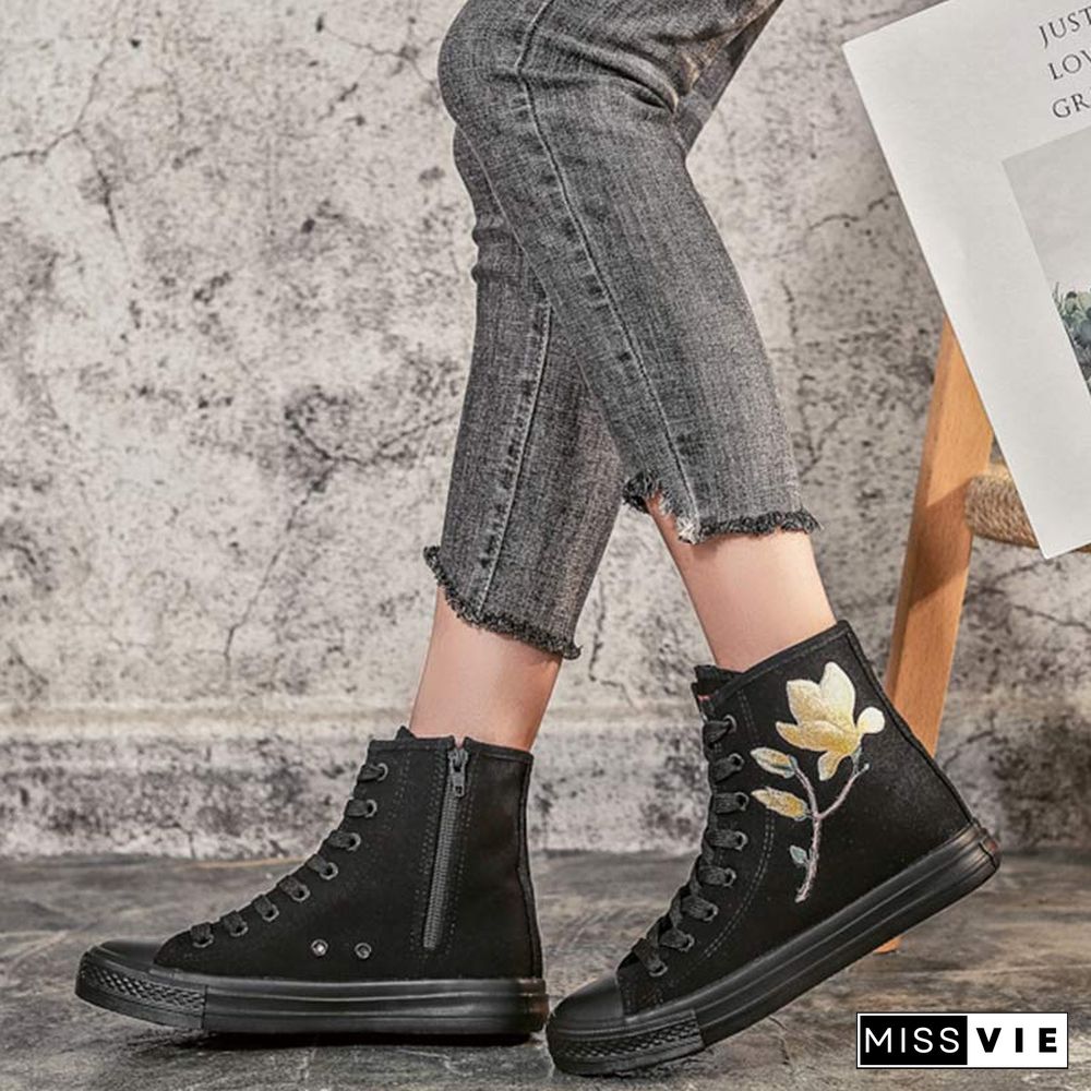 Vintage Blossom Embroidery Lace Up Zipper Canvas Shoes