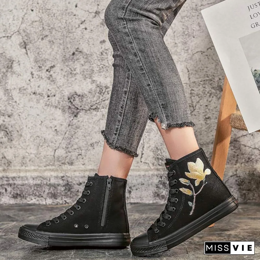 Vintage Blossom Embroidery Lace Up Zipper Canvas Shoes