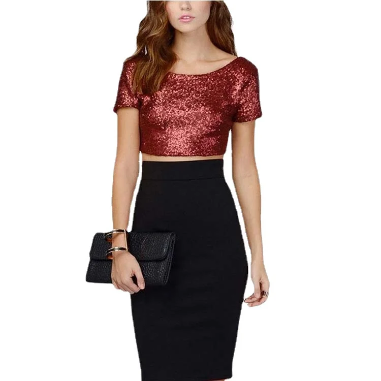Wongn Wongn Sequin Top Ebay Sexy Back Crop Top Women's T-Shirt Short Sleeves