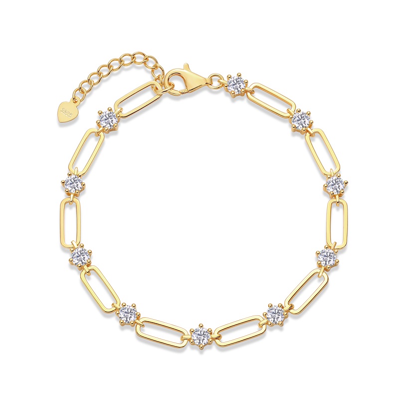  S925 Silver Paperclip Bracelet, 18K Gold Plated, Moissanite Charm Design, Elegant Jewelry for Women, Perfect Christmas G