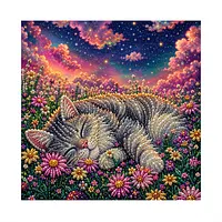 Flower Meadow Sleeping Cat - Pearls Painting