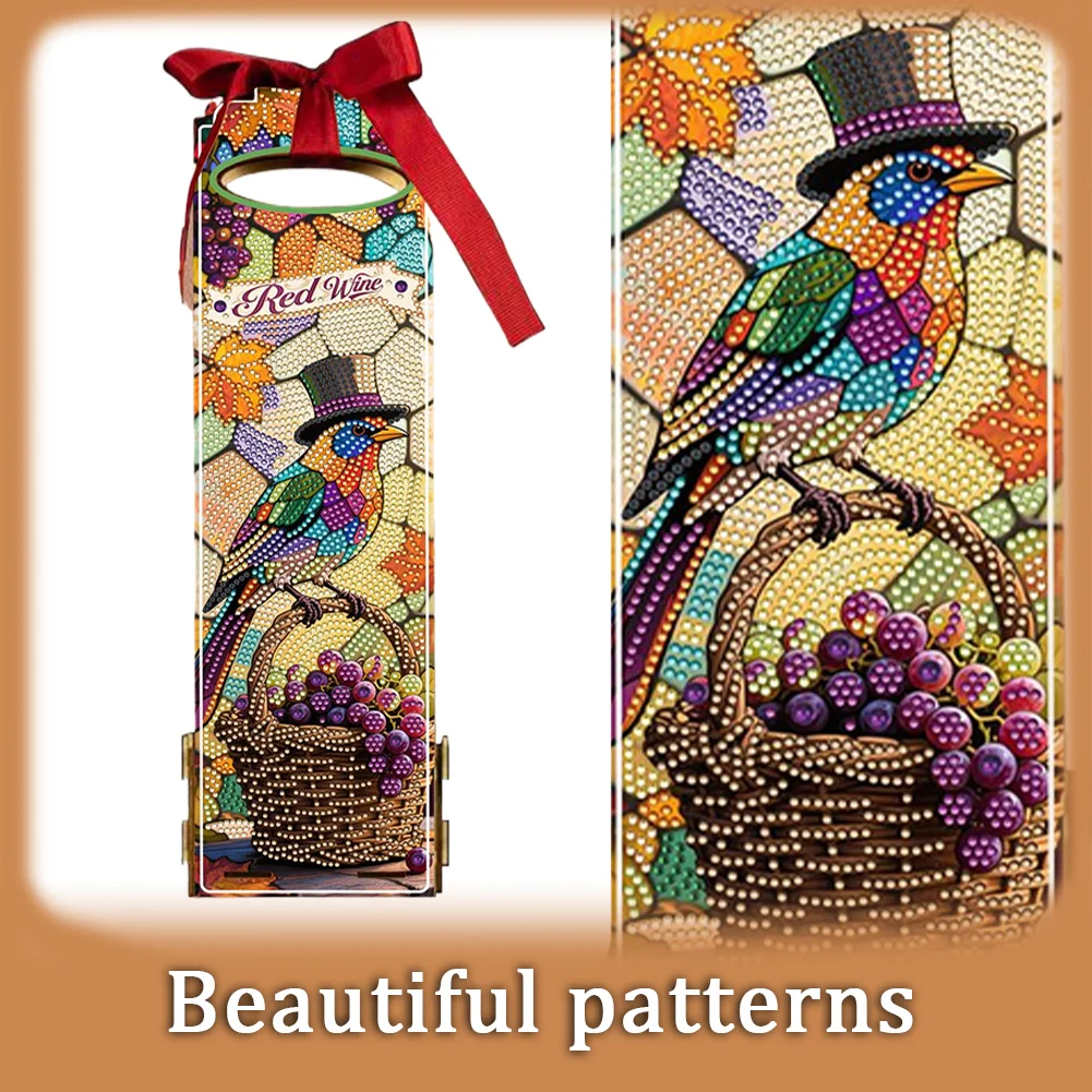 Wooden 5D/DIY Diamond Painting Art Wine Bag Kit for Party Wine Decor (Birds)