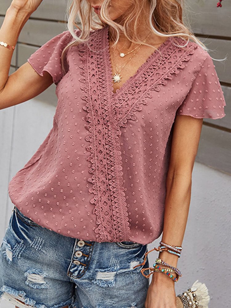Lace Patchwork Solid Color V neck Short Sleeve Blouse for Women P1843860