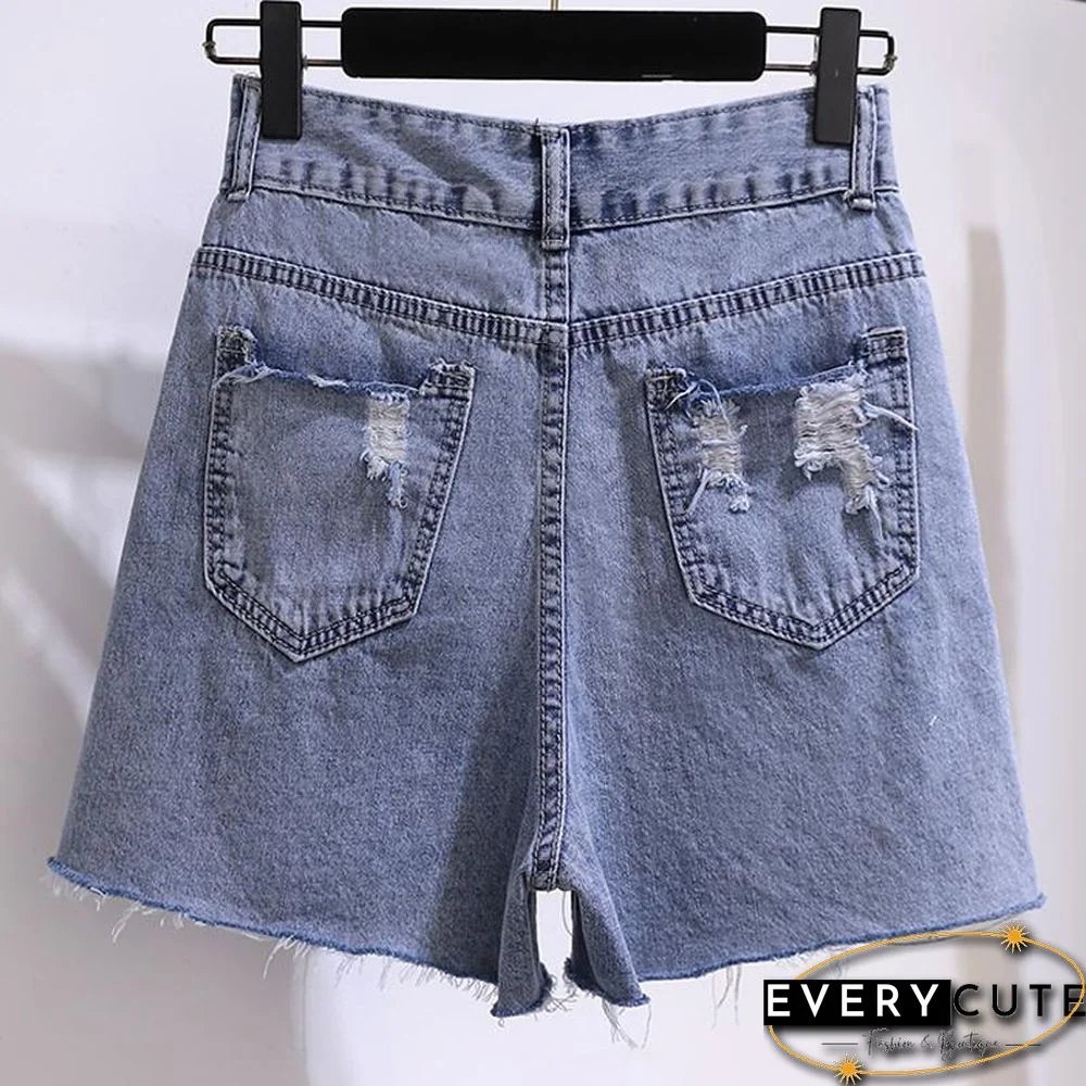 Patchwork Blouse+Hole Denim Shorts P13860