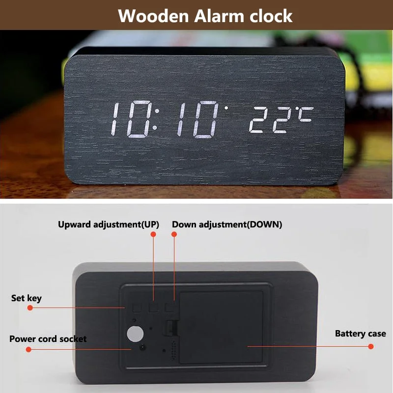 Wooden Digital LED Alarm Clock Voice Control USB/AAA Powered Electronic Table Clock Multifunction Temperature Desk Watch Decor