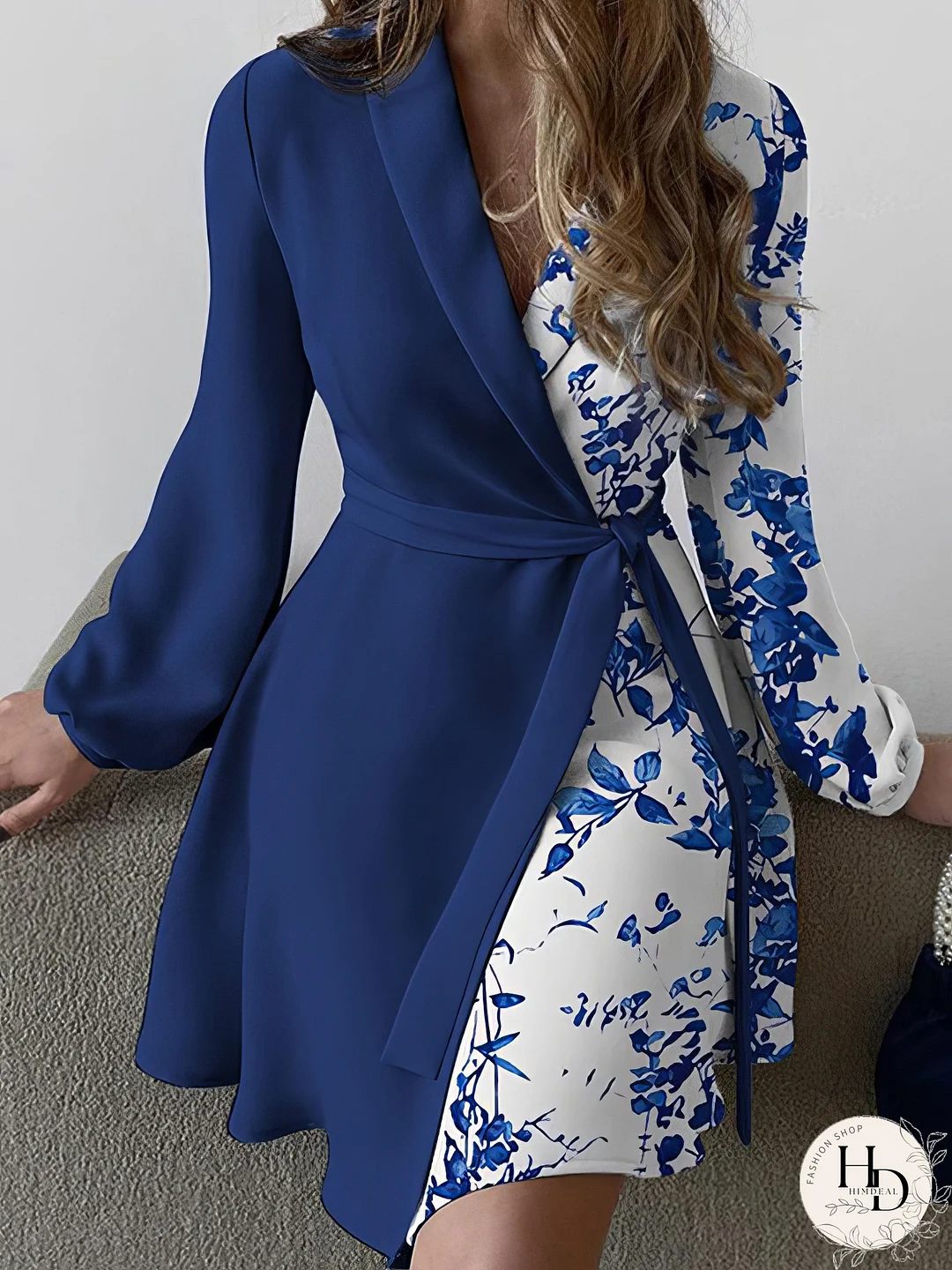 Lapel Print Lace-Up Long Sleeve Dress