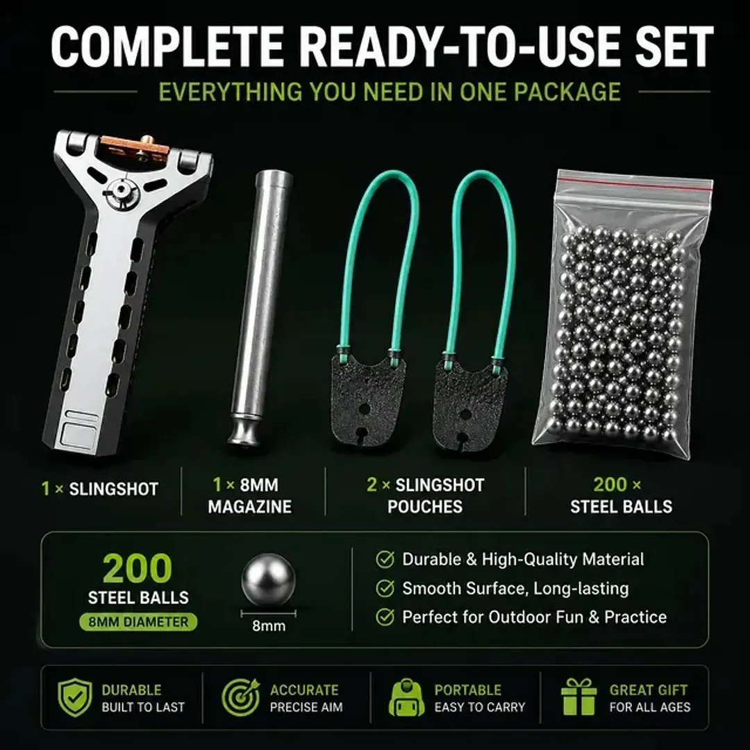 🔥Limited-Time 50% OFF✨Professional Telescopic Aluminum Alloy Auto-Loading Slingshot Full Kit (200 Steel Balls)