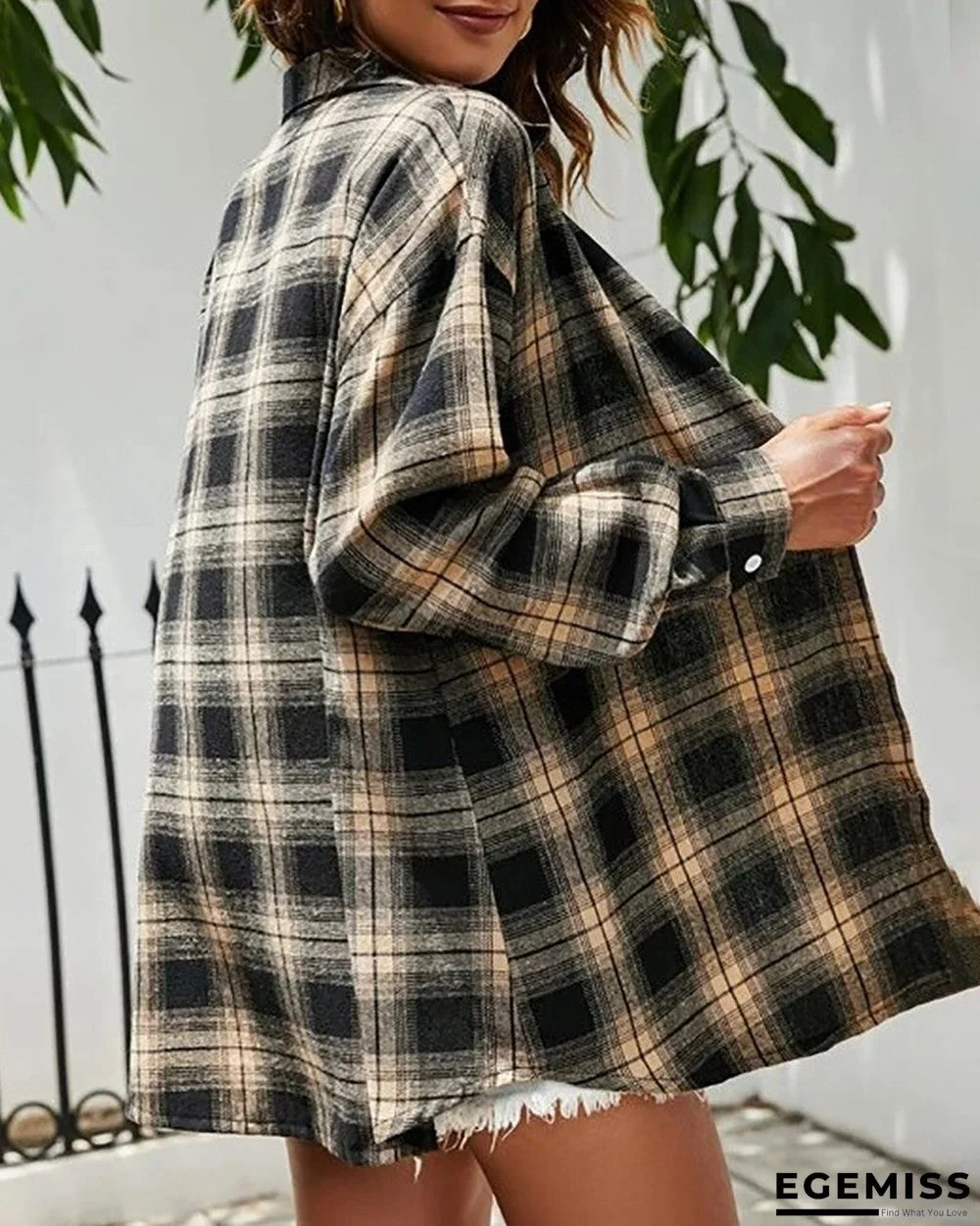 Button Front Plaid Print Long Sleeve Shacket | EGEMISS