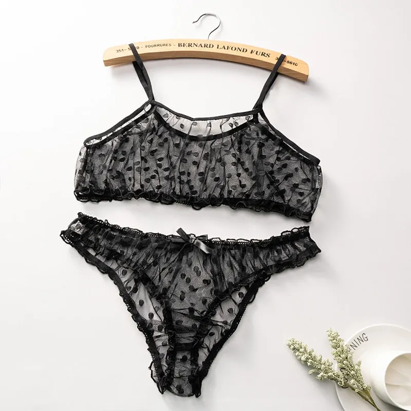 New Sexy Lingerie Underwear Polka Dot Mesh Frill Trim Lace Lingerie Set Black and Red Top Lace Invisible Bra Set Bras for Women