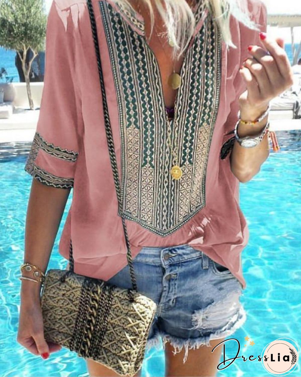 Women Casual Ethnic Style Striped V-Neck Plus Size T-shirts Tops