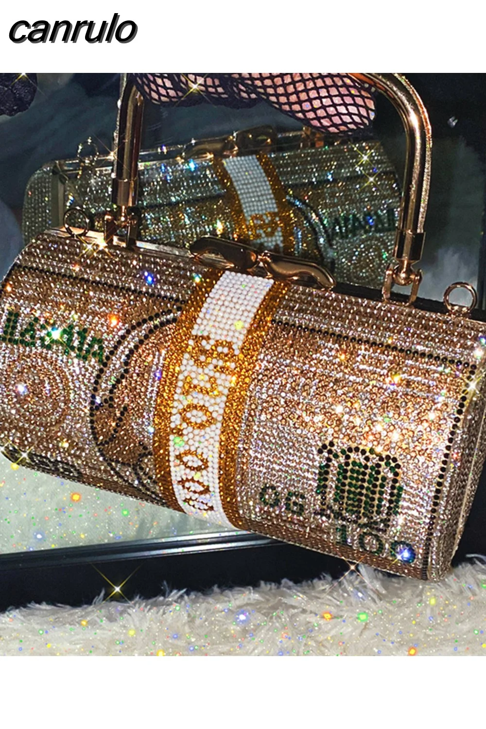 canrulo new trendy Rhinestone ladies handbag Bling round Dinner bag luxury elegant fashion Metal chain diamond party wedding Purse