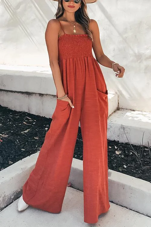 Elastic Pockets Wide Leg Slip Jumpsuit